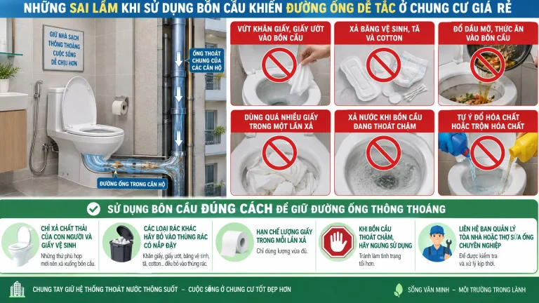 Những sai lầm khi sử dụng bồn cầu khiến đường ống dễ tắc ở chung cư giá rẻ
